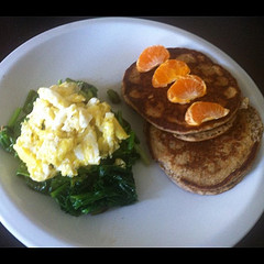 Soft scramble on Tatsoi and almond flour pancakes.